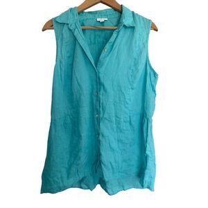 J Jill Love Linen Women's LG Teal Button Down Tank Blouse Nautical Coastal